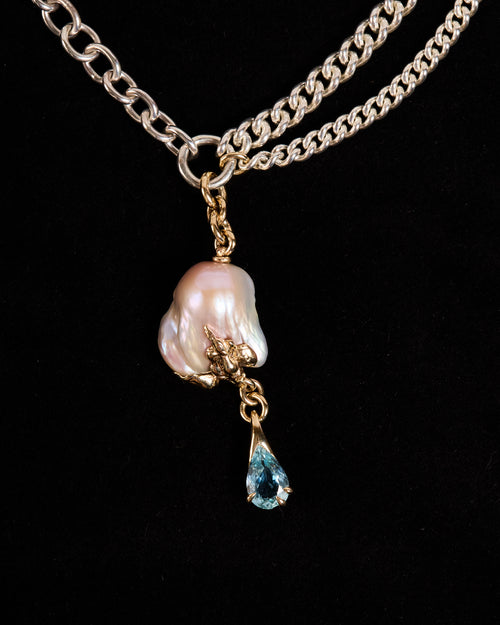 Baroque Pearl and Aquamarine Glob-Jewel Necklace